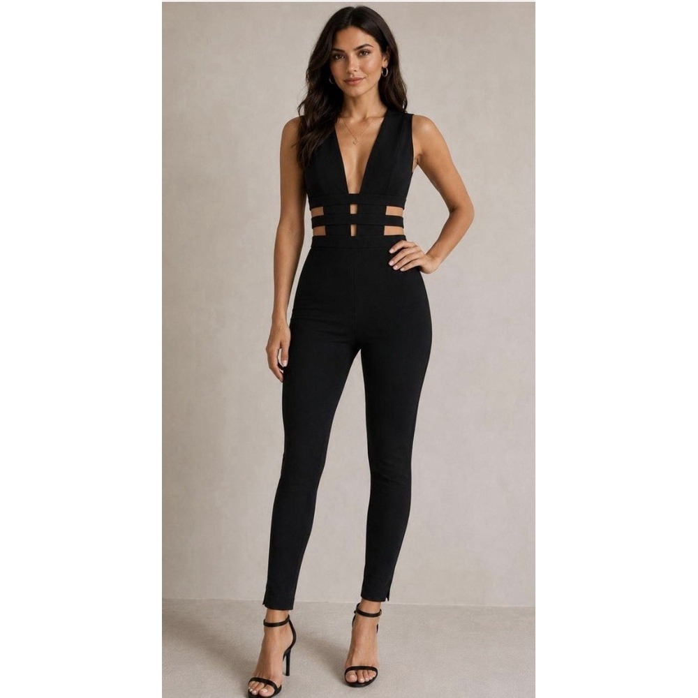 Tiger Mist black jumpsuit featuring a deep plunging neckline Size Small Cutouts